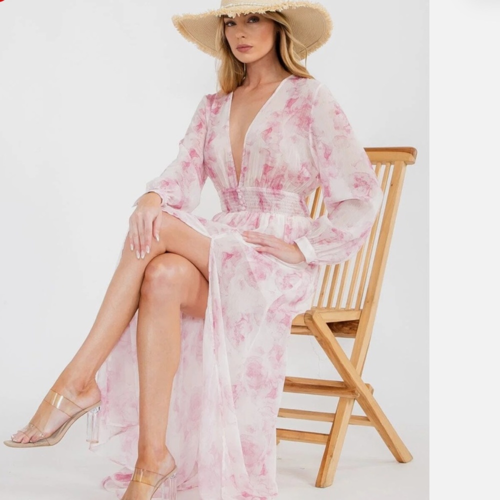 Women's Long Sleeve Pink Floral Maxi Dress